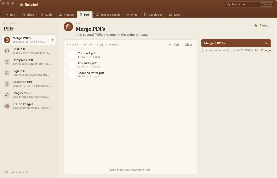 Merge PDFs with three documents ready to join, in drag-to-reorder order