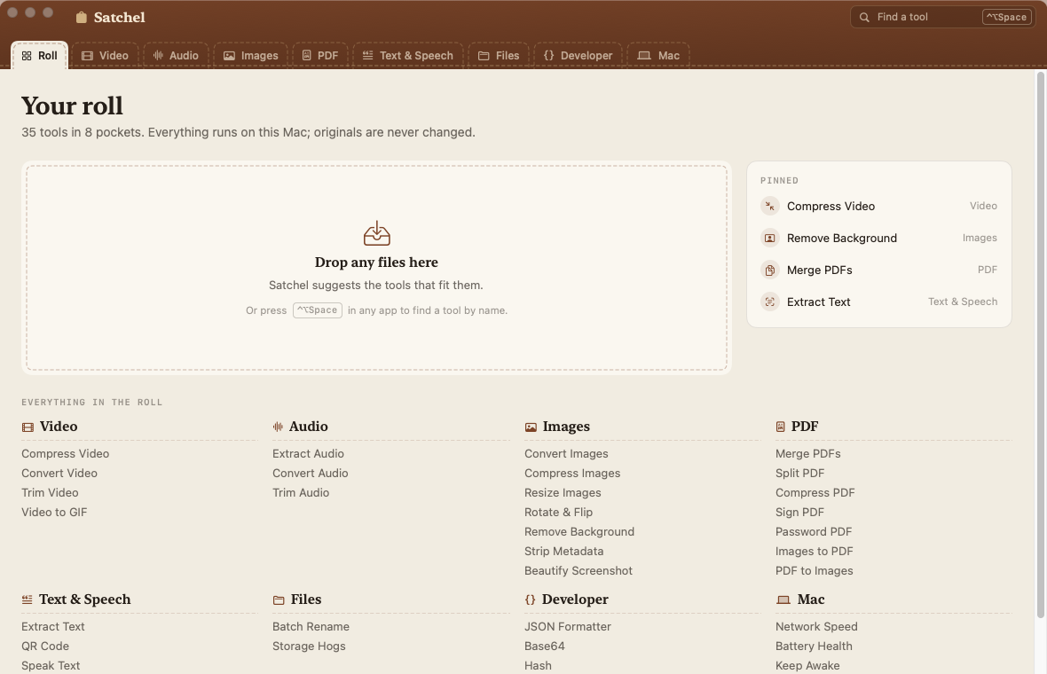 Satchel’s roll: a drop zone, pinned tools, and every tool listed by pocket